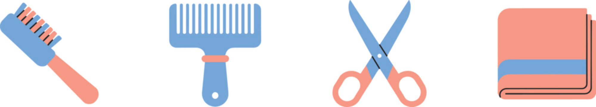 Hairdressing tools icon set with comb, brush, scissors, and towel
