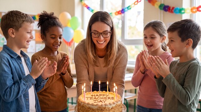 Teacher and students enjoying a Teachers Day cake celebration together