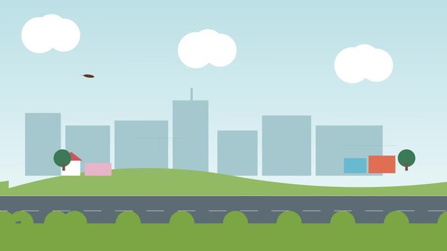 Flat city skyline animation with road and clouds for urban travel and modern lifestyle projects flat animation