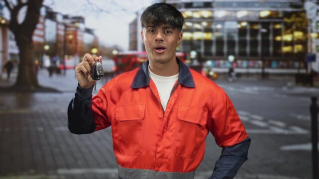 Man mechanic in orange uniform holds car keys between thumb and forefinger in his right hand on street by building and pavement; responsibility duty trust.