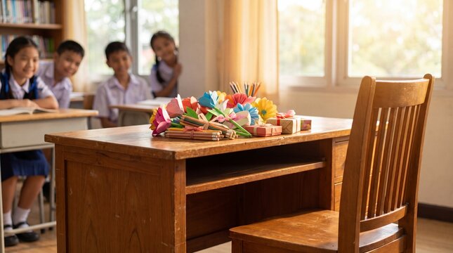 Empty classroom prepared for a Teachers Day celebration with colorful decorations