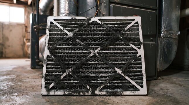 Dirty hvac air filter with visible debris and textured pattern against industrial workshop background