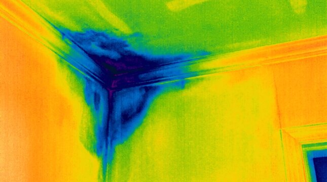 Thermal imaging reveals moisture intrusion in building corner with color gradient analysis