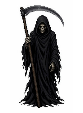 Pixel-art grim reaper: hooded skeleton figure in a tattered black robe holding a large scythe.