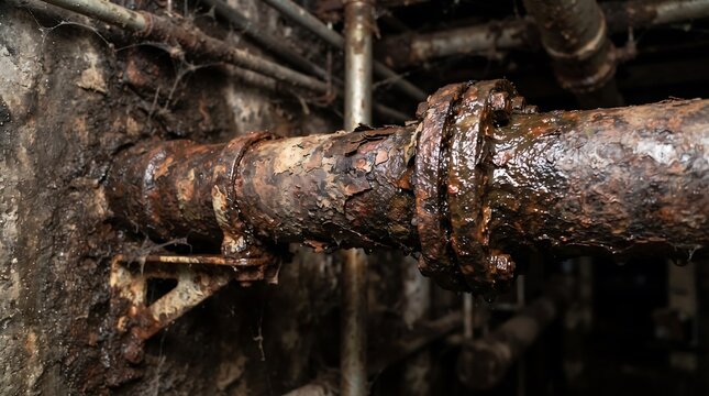 Corroded industrial pipe section showing severe rust damage in a metal workshop environment