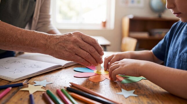 Close up of children creating handmade Teachers Day crafts