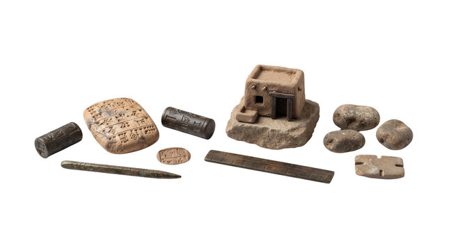 Ancient Mesopotamian artifacts collection, Sumerian cuneiform clay tablet and cylinder seals, miniature mud brick house model on white background