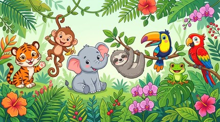 Fototapeta premium Cute safari and woodland animals with babies in floral forest background, adorable elephant bear fox rabbit illustration for nursery wall art.