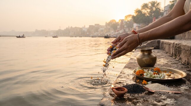 Hands performing ancestral offering of water and rice during Pitru Paksha.