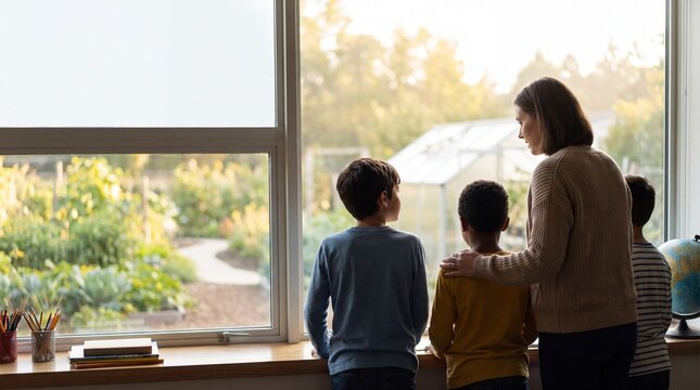 Teacher and students looking outside through a classroom window