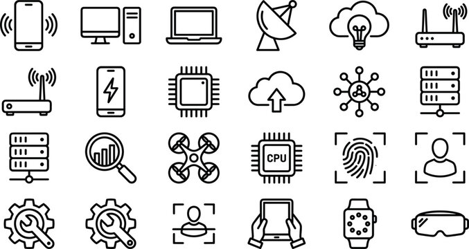 Technology and Cyber Security Line Icon Set Featuring Cloud Computing Servers Smart Devices Data Hardware and Biometrics for Network Web App Designs