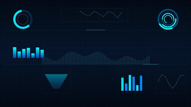 Futuristic hud ui interface with animated blue data charts, graphs, and statistics metrics for tech presentations
