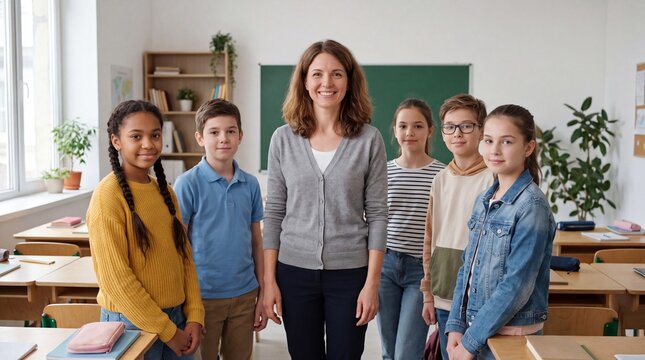 Teacher and students posing together in a bright classroom