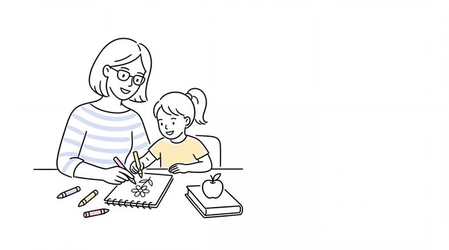 Black and white illustration of teacher and children learning together