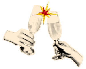 Hands clinking champagne glasses for New Year toast. Retro halftone collage sticker with glitter starburst, Christmas festive cheers vector element isolated on transparent background