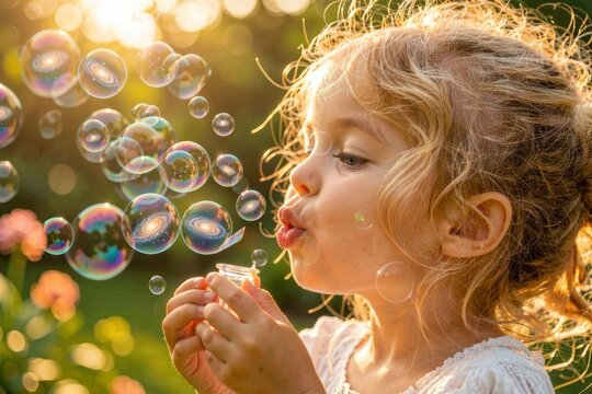 Little girl blowing magical bubbles with galaxy reflections outdoors