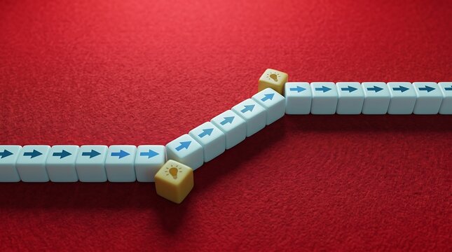 Abstract concept of a business strategy pivot or career change shown by a path of arrow cubes changing direction with lightbulb icons on a red background