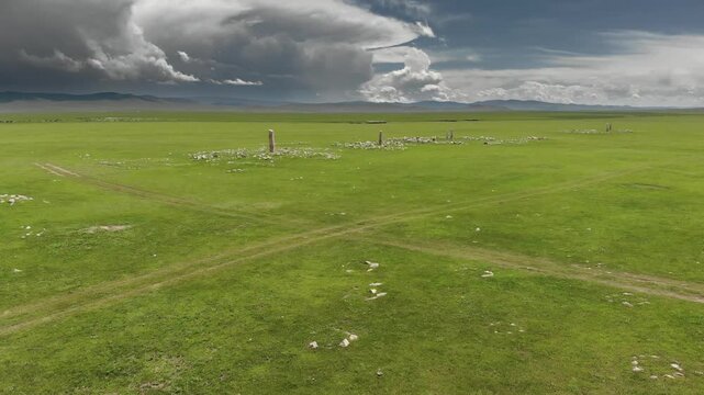 Asian deer stone monument bears ritual symbols on an ancient burial stele in open steppe.