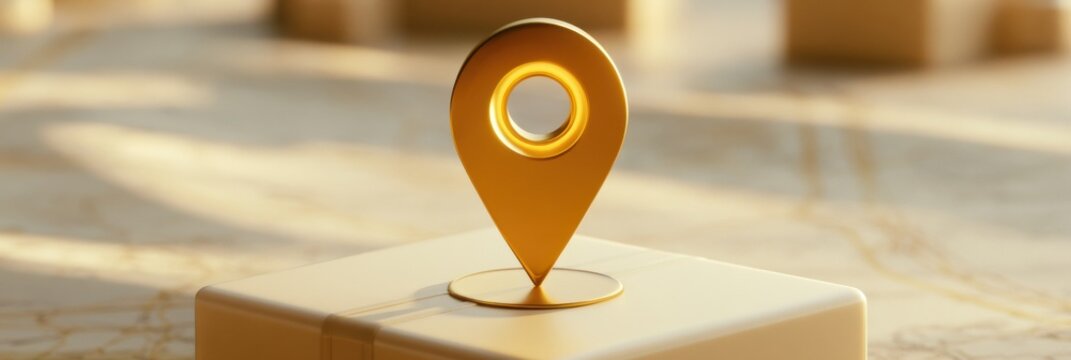 A glowing map pin falls onto a generic parcel intended for delivery in a bright clean environment.