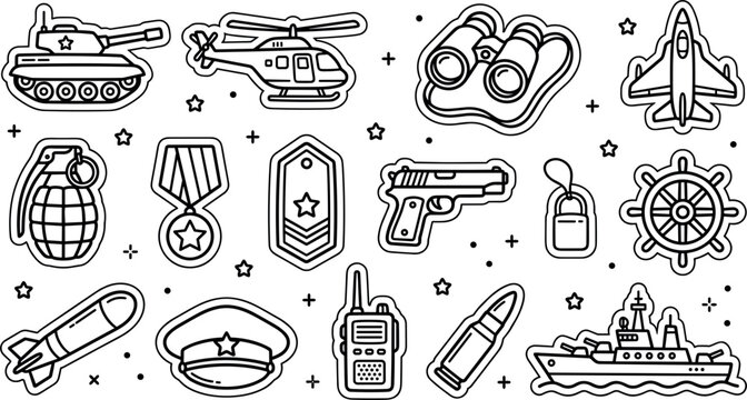 Military Army and Navy Line Icon Sticker Set Featuring Tank Helicopter Jet and Weapons for Patch Designs Gaming Apps and Branding Vectors