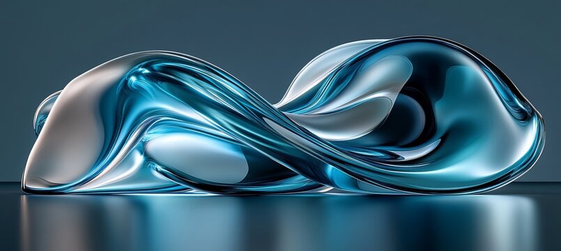 Abstract Liquid Glass Sculpture with Fluid Organic Swirls in Vibrant Teal and Luminous Silver Tones