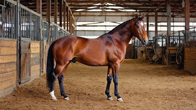 Palomino Quarter Horse Stallion Stands Proud in Dusty Barn, Warm Golden Light, Western Equestrian Portrait.