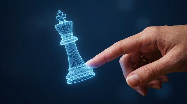 A human hand touching a glowing blue digital wireframe chess king piece.