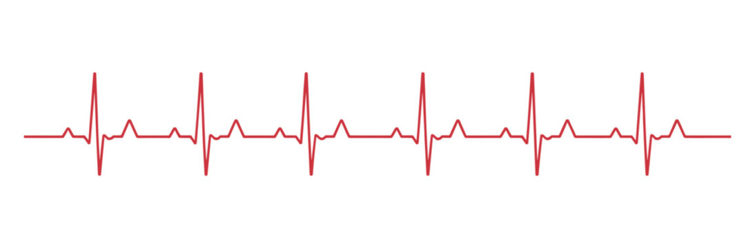 A continuous red heartbeat rhythm line representing a healthy pulse or medical ekg examination on white background