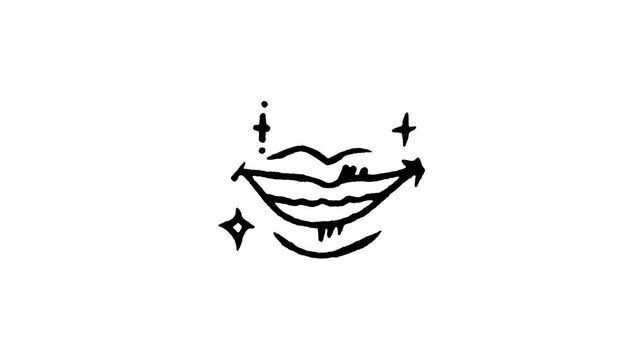 Animated doodle icon of smiling lips showing white teeth with sparkles for dental hygiene.