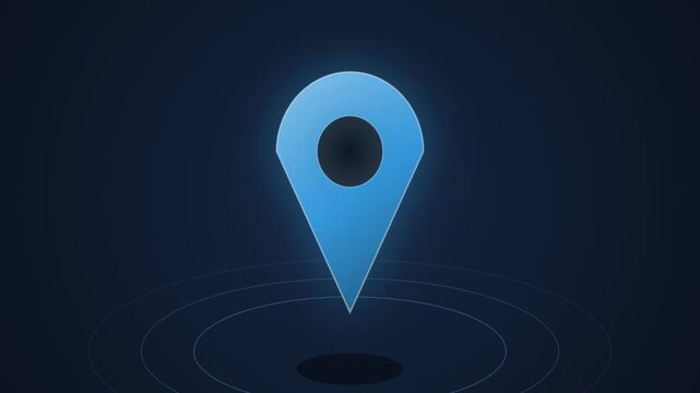 Glowing blue location pin map marker with radar waves animation on dark background, for satellite navigation, and tech projects