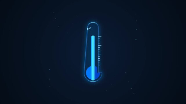 Glowing blue thermometer rising in celsius scale digital animation loop on dark background, for weather and, science concepts