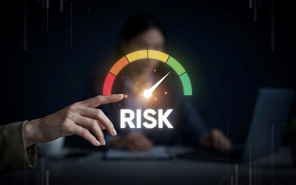 Business person pointing at digital risk gauge meter chart with color-coded needle indicating level