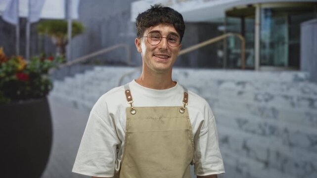 Man wearing apron and round glasses smiling at camera in front of a building entrance with stairs and planter visible; friendly hospitality.