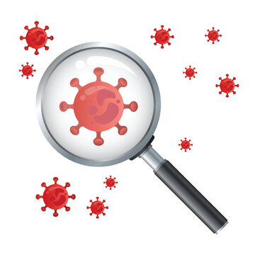 Red Virus Bacteria Cell under Magnifying Glass Vector Illustration