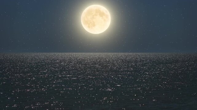 Full moon glowing over calm night ocean with water reflection for tranquility concept
