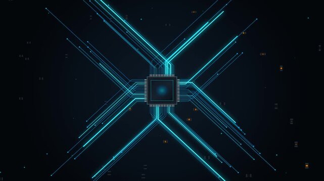 Glowing cpu microprocessor chip with pulsing neon blue circuit board data streams and digital information transfer