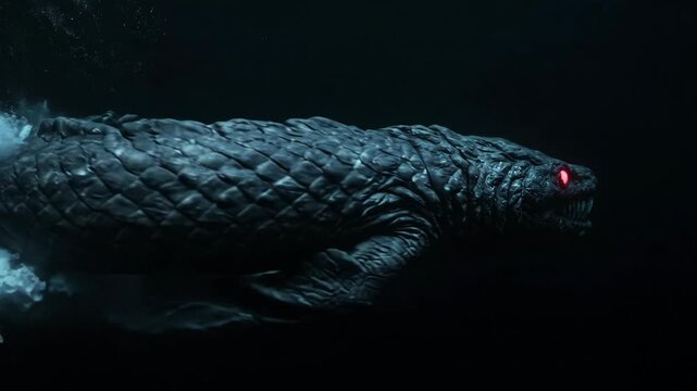 A terrifying, scaly sea monster with glowing red eyes emerges from the dark depths.