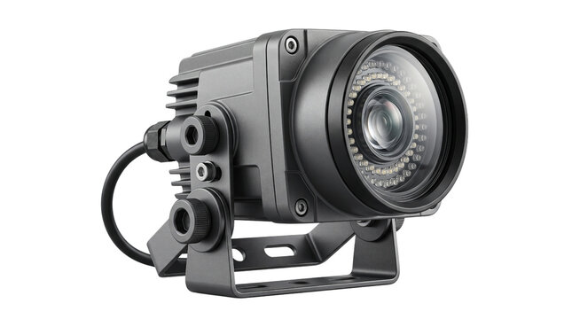 Rugged industrial surveillance camera with infrared LED ring and mounting bracket on white background