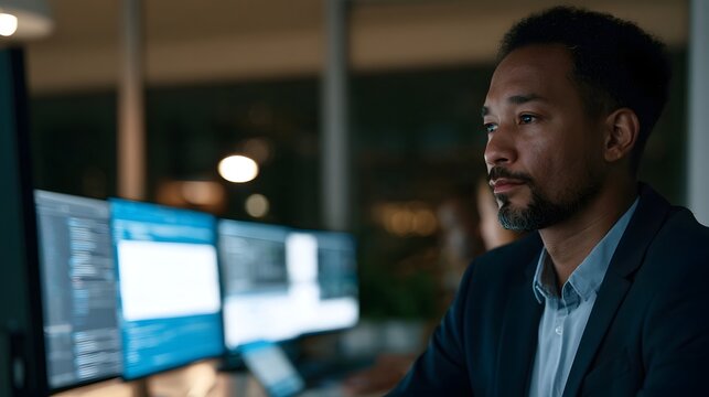 A focused man in professional attire sits at a desk with multiple computer monitors displaying code and data interfaces in a modern office