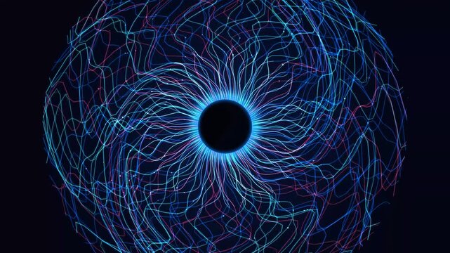 Glowing neon blue and pink particle lines swirling around a dark central vortex abstract digital background