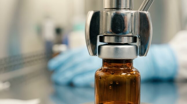 Amber pharmaceutical vial being sealed by crimping tool with sterile isolator gloves in background at production line