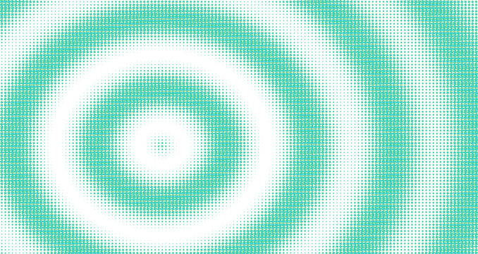 Abstract teal halftone concentric circle pattern with dots on a black background, ripple effect for sound and wave visual concepts