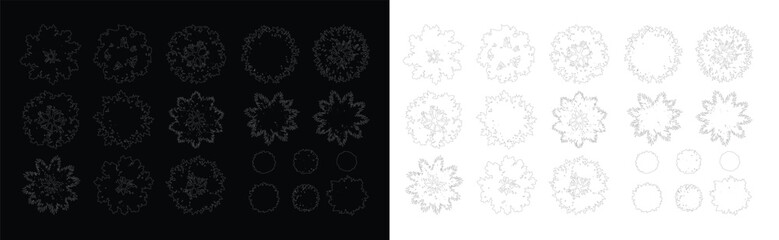 Obraz premium Set of top view tree vector outlines for architectural landscape design and plan rendering on black background with multiple species and shrub sizes.