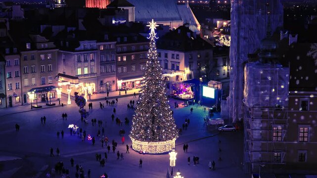 Illuminated Christmas Tree Standing In Castle Square Warsaw Poland At Night