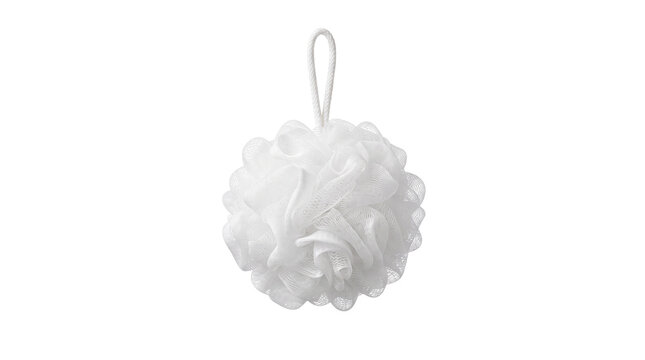 White bath sponge with hanging loop, soft mesh shower pouf for body exfoliation, clean bathroom accessory for personal hygiene and skincare isolated PNG with Transparent Background