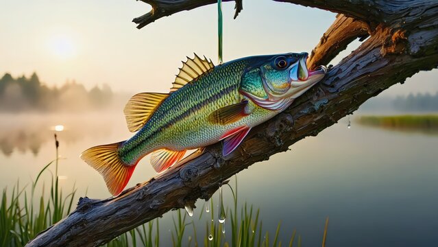 Detailed close-up of a freshly caught European perch fish suspended by a line, showcasing vibrant scales and detailed texture, fishing success.