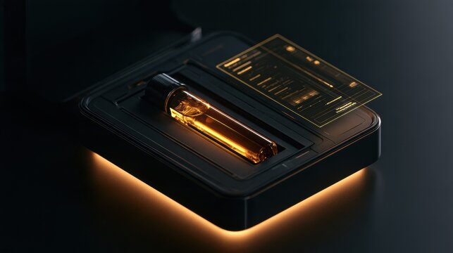 A sleek at-home longevity test kit includes an amber vial for blood samples and a hologram display for biomarker results.