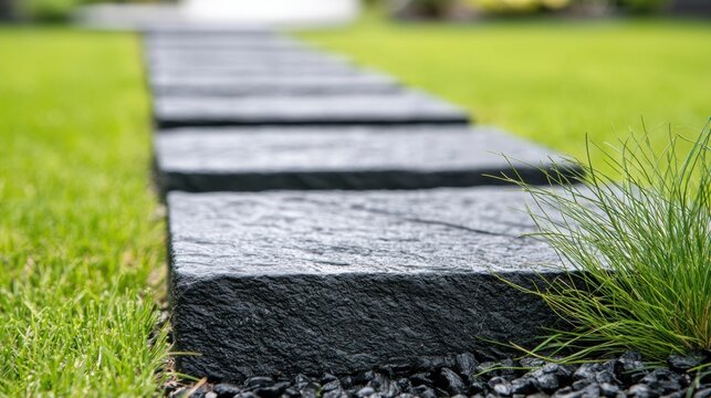 Garden walkway with dark stone pavers surrounded by lush green grass