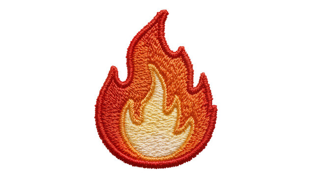 Embroidered flame patch with red orange and yellow colors, isolated on transparent background