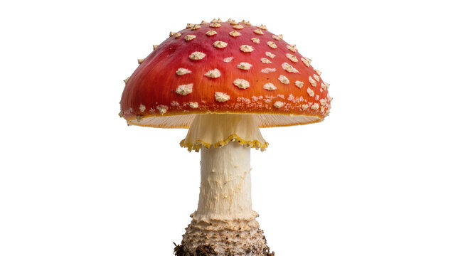 Red and white spotted Amanita muscaria mushroom with textured stem, isolated on transparent background